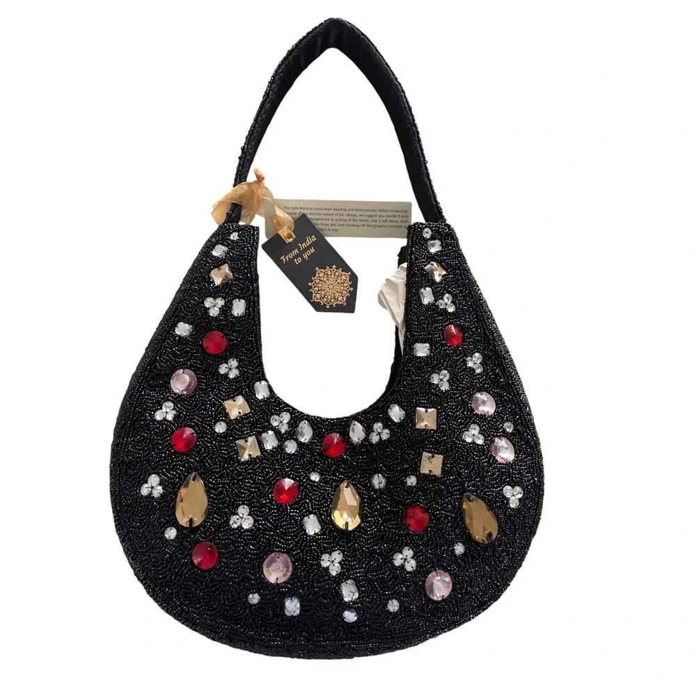 Handcrafted Beaded Hobo Bag with Crystal Embellishments Black‎ Red India